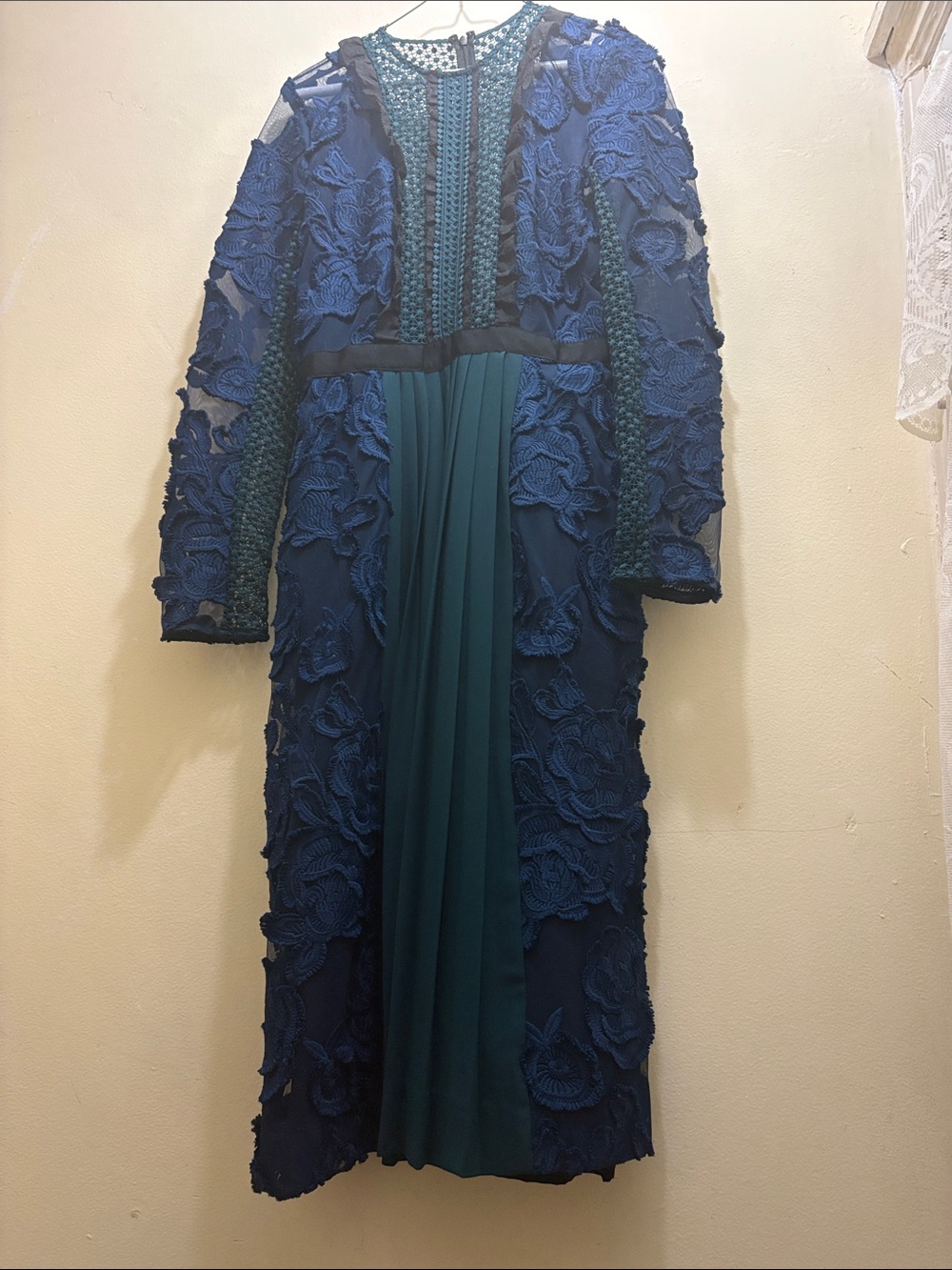 Self Portrait Thea Lace Navy & Teal Long Sleeve Lace-Appliqué Evening Dress - Picture 2 of 6